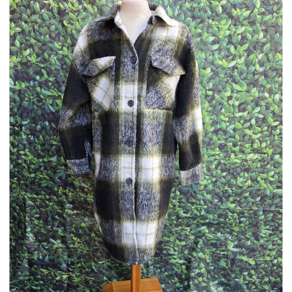 Steve Madden Plaid Shacket Coat Small Green Long Button Front Shirt Jacket Wool